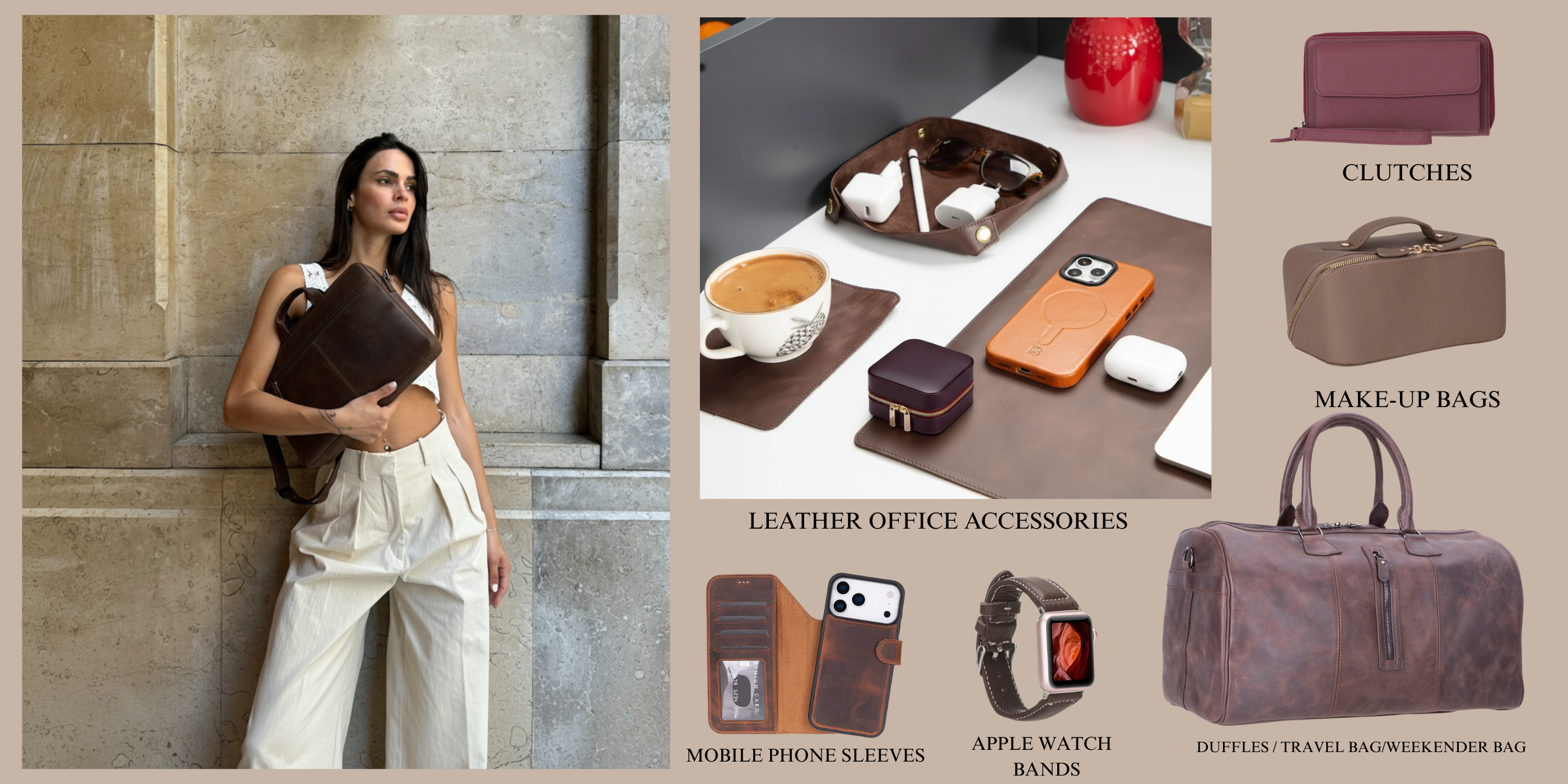 Collage of fashion accessories including a woman with a handbag, office accessories, and travel bags.